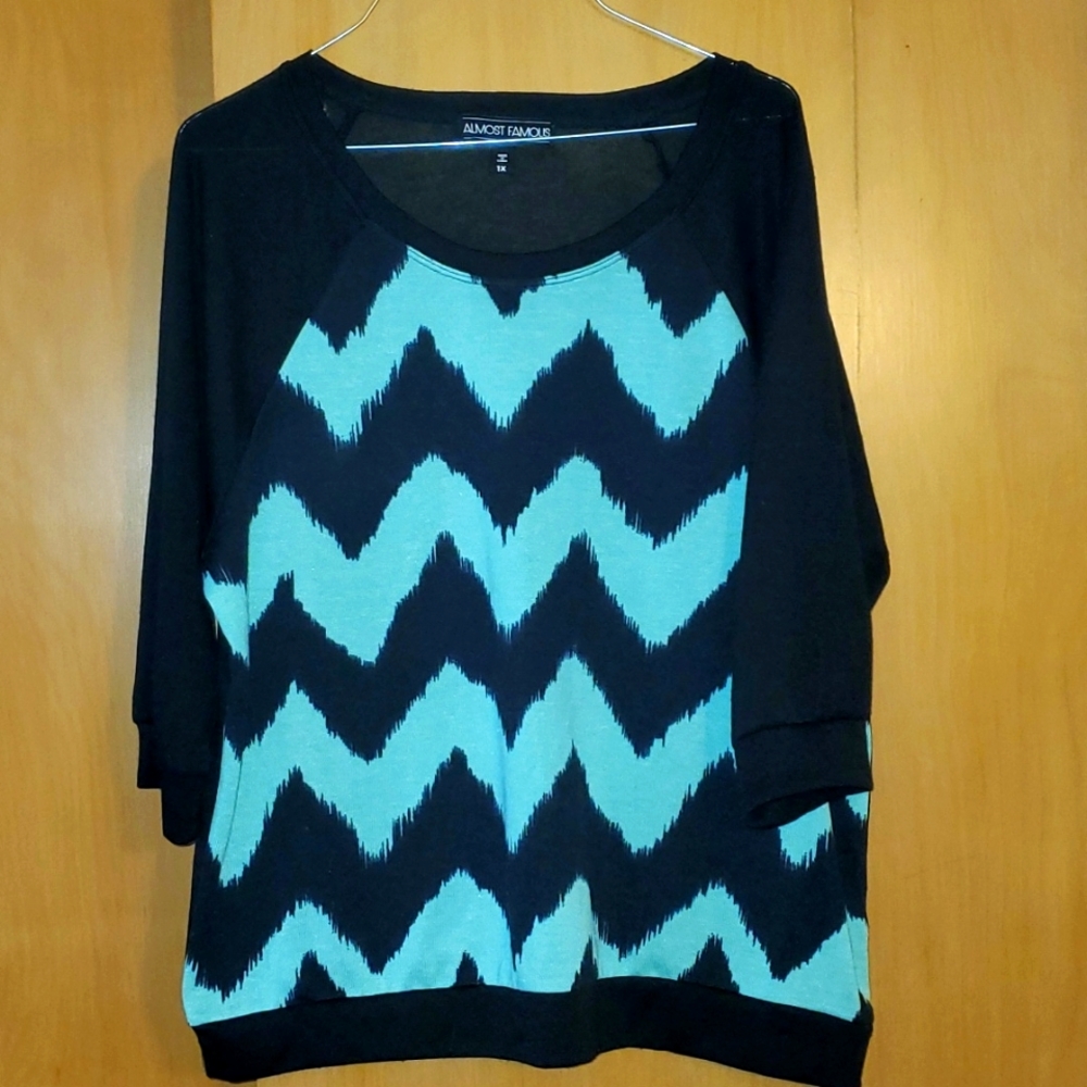 Almost Famous 3/4 Sleeve Teal & Black Top 1X